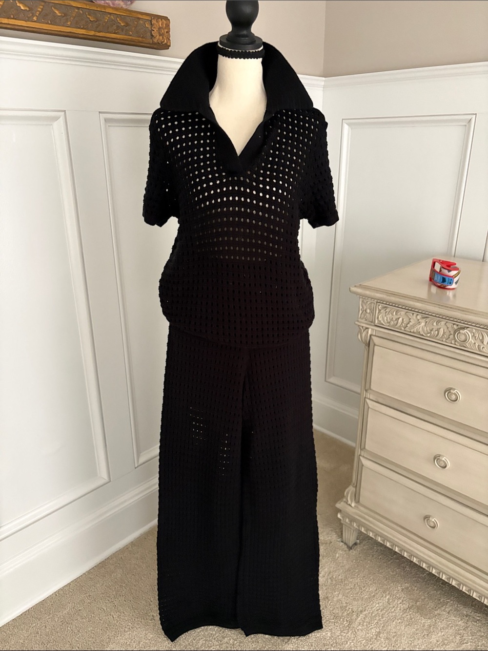CAbi Black Open-Knit Short Sleeve Wide-Leg 2 piece set